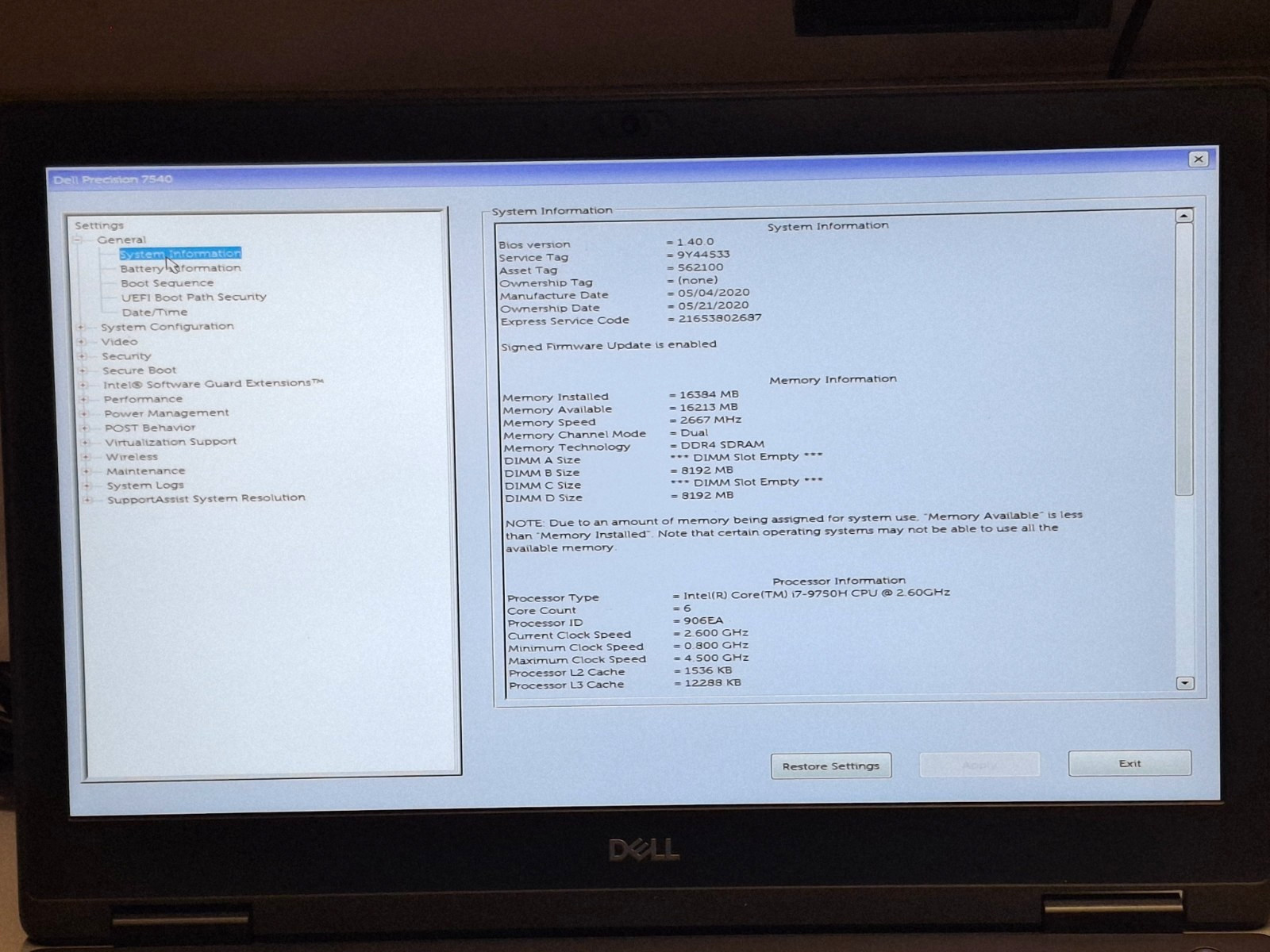 Dell Precision 7540 15.6″ Laptop Core i7-9750H 16GB RAM 256GB SSD Webcam T2000