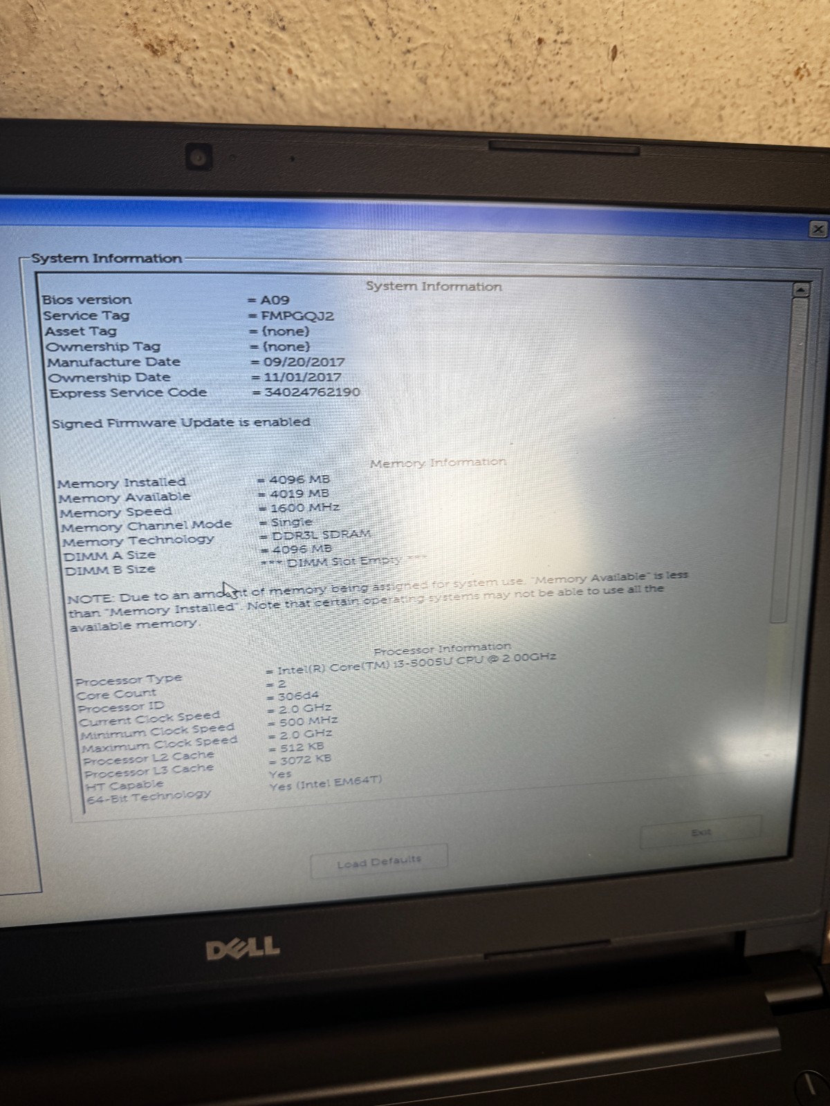 Dell Latitude 3560 Core I3-5005U 4GB RAM Laptop For Parts/Repair #6424