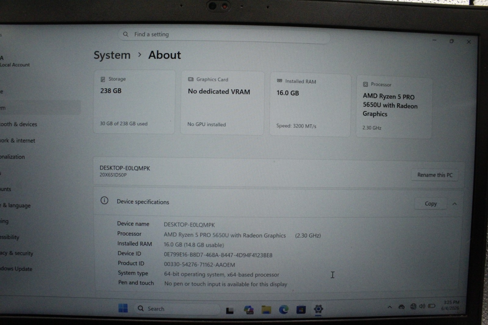 Lenovo ThinkPad L14 Gen 2 AMD Ryzen 5 5650U 2.30GHz 16GB RAM 14 inch 240GB SSD