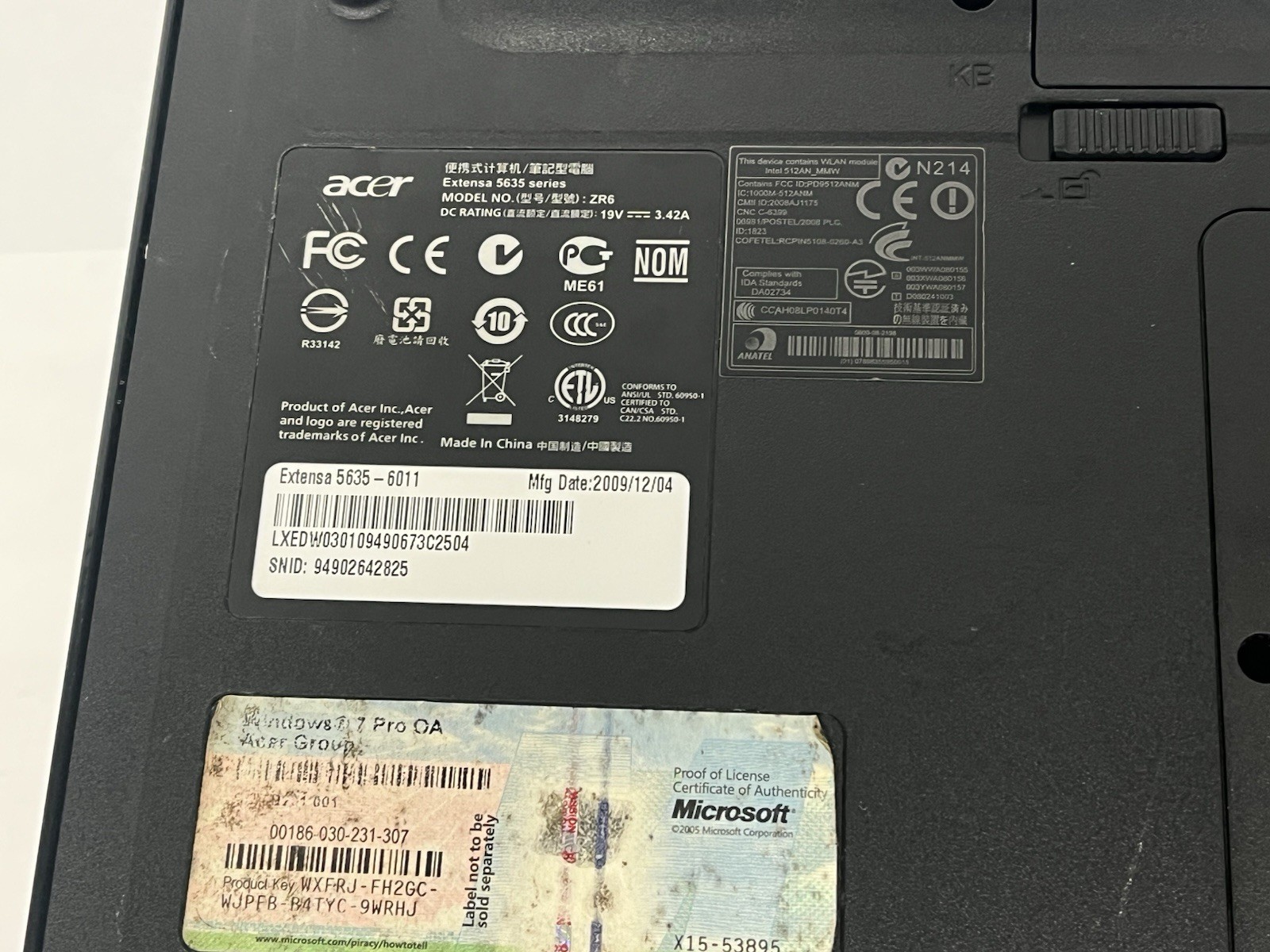 Acer Extensa 5635-6011 Laptop Intel Core 2 Duo T6570 3GB Ram No HDD FOR PARTS