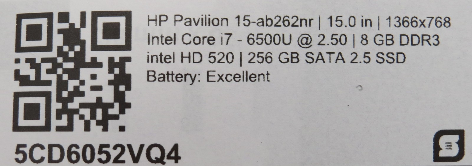 HP Pavilion 15-ab262nr | i7-6500U @ 2.5GHz | 8GB DDR3 | 256GB SSD | No OS