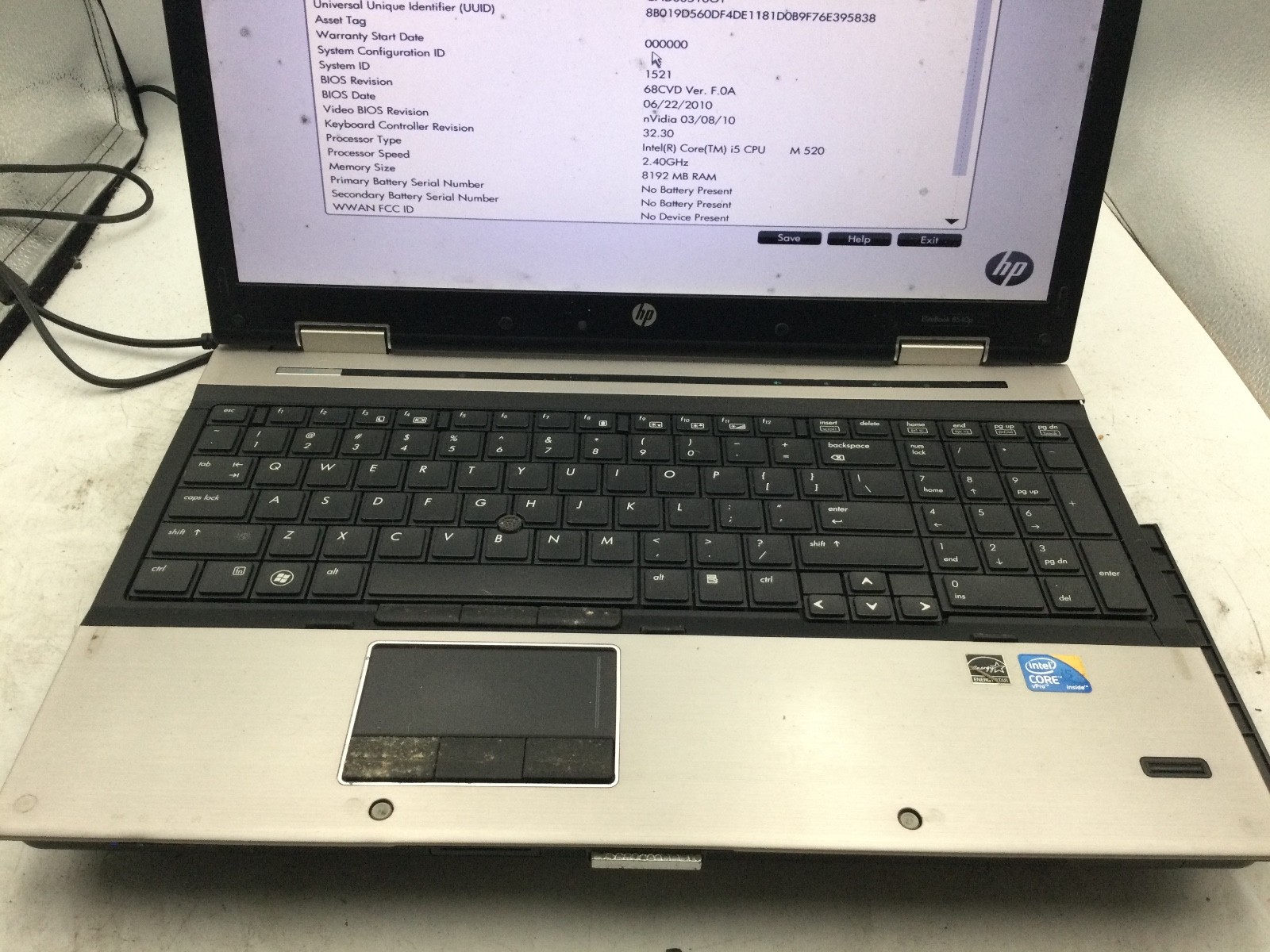 HP ELITEBOOK 8540P – BOOTS TO BIOS – INTEL I5 M520 – 8GB RAM – 15″ – READ – BB