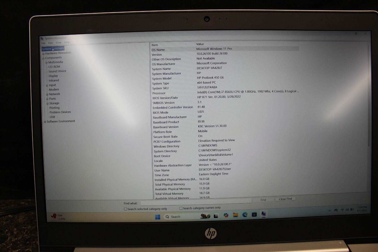 HP Probook 450G6 I7-8565U 256GB NvME SSD 16GB DDR4 Win11Pro