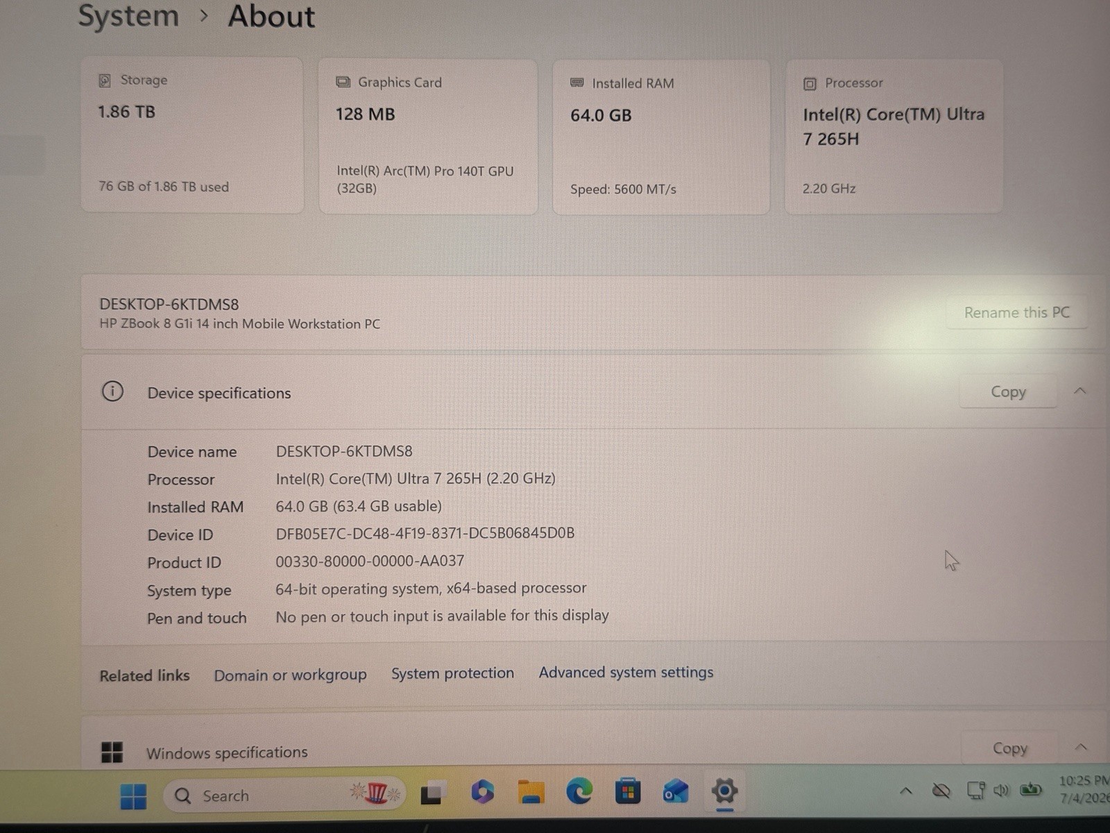 HP ZBook 8 14″ G1i Ultra 7 265H 2.2GHz 64GB 2TB 14.0 HD 4GB Webcam BT WTY
