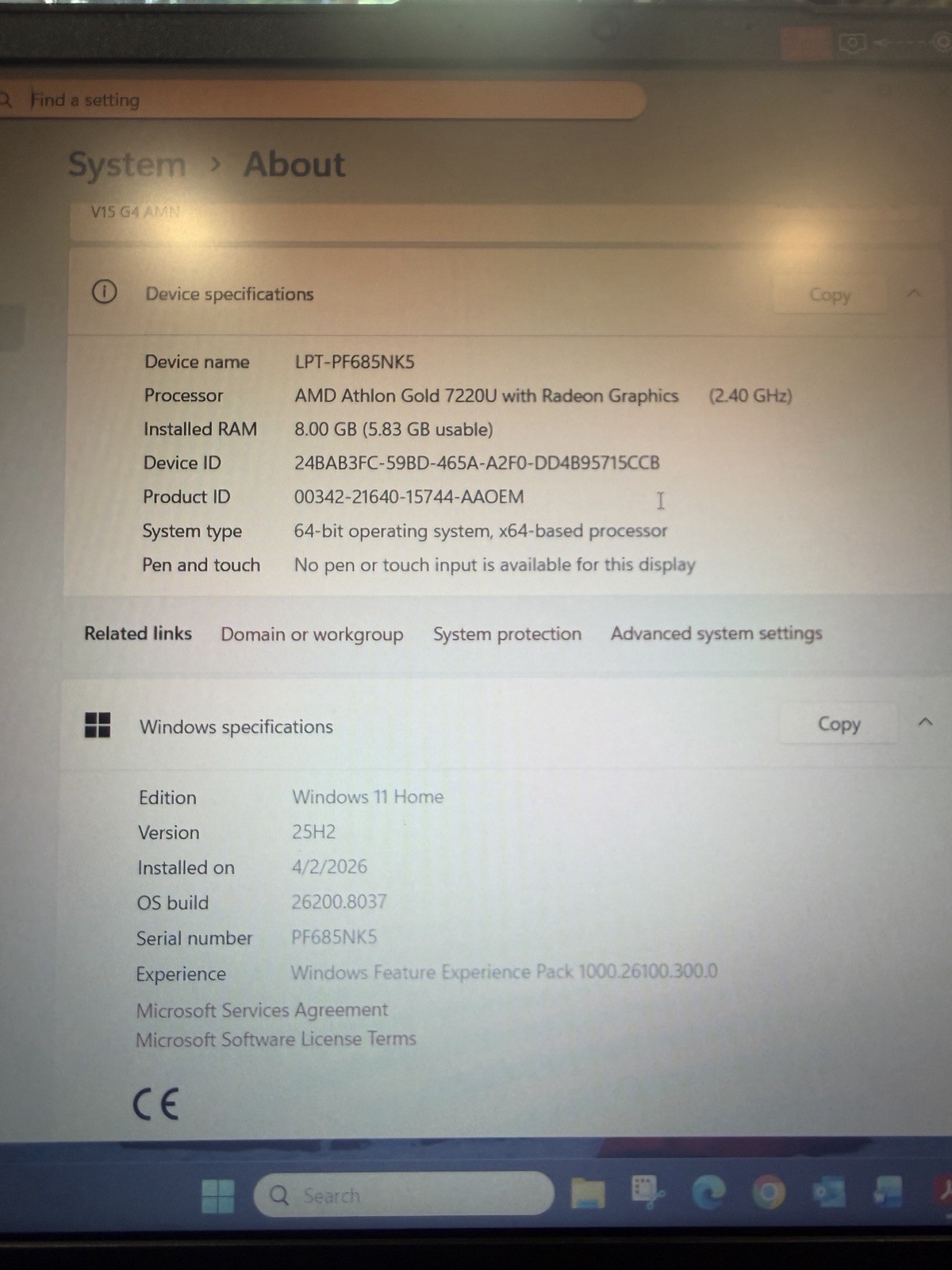 Lenovo V15 G4 ABP 15.6″ (128GB SSD, AMD Ryzen 3 7000 Series, 4.30 GHz, 8GB)…