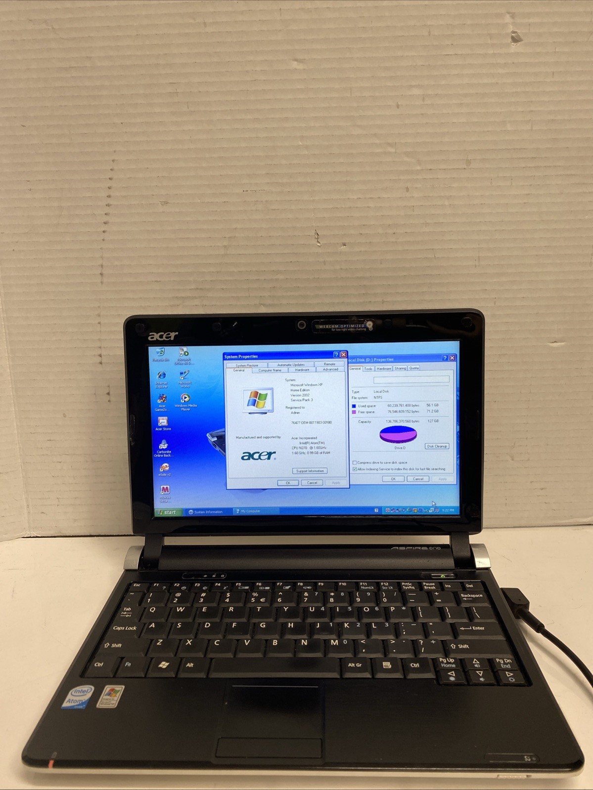 Acer Aspire One KAV60 10″ Netbook Black Intel Atom 1.6GHz 160GB HDD Windows XP