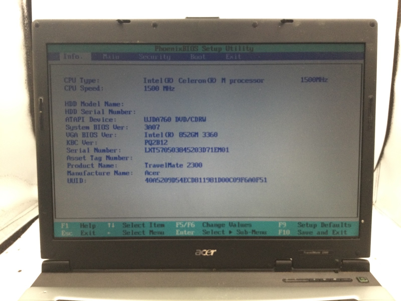 ACER TRAVELMATE 2300 – BOOTS TO BIOS – INTEL CELERON M – 256MB RAM – READ – BB