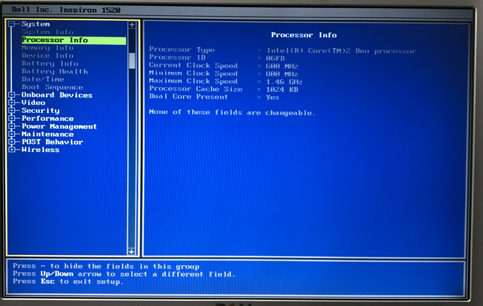 Dell Inspiron 1520 Intel Core 2 Duo @ 1.46 GHz 512 MB No HDD Boot to BIOS