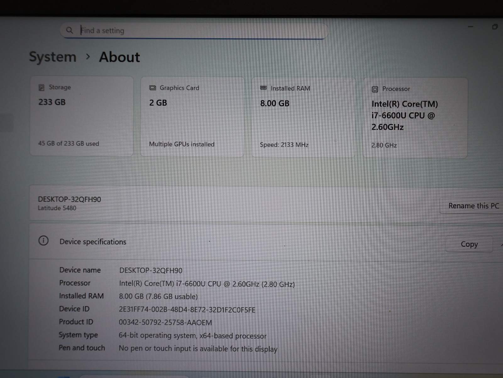 Dell Latitude 5480 Intel Core i7-6300U 2.60GHz Processor 8GB RAM 240GB HDD