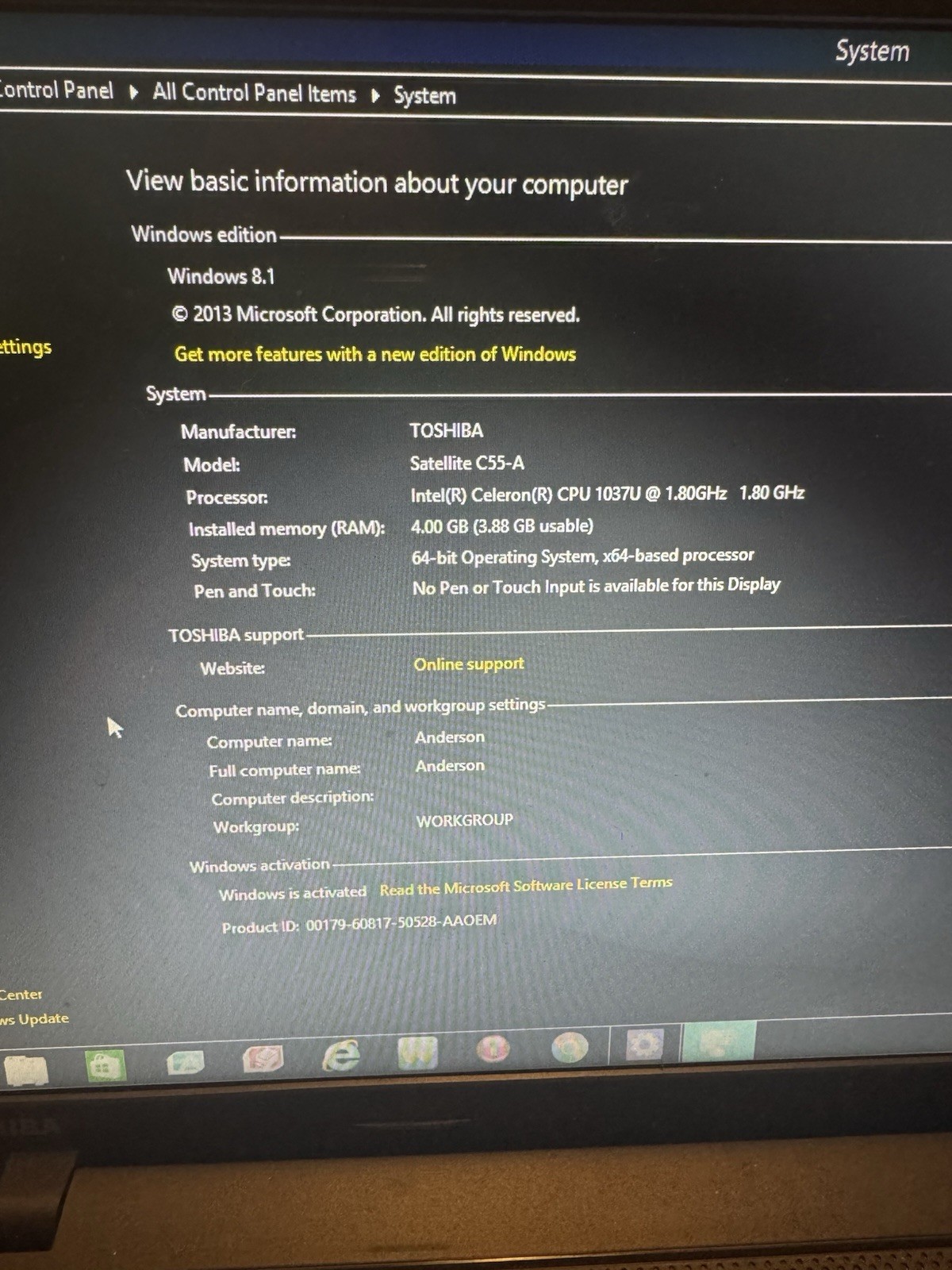 Toshiba Satellite C55-A5300 Laptop Intel Celeron 1037U 4GB Ram 120gb W/charger