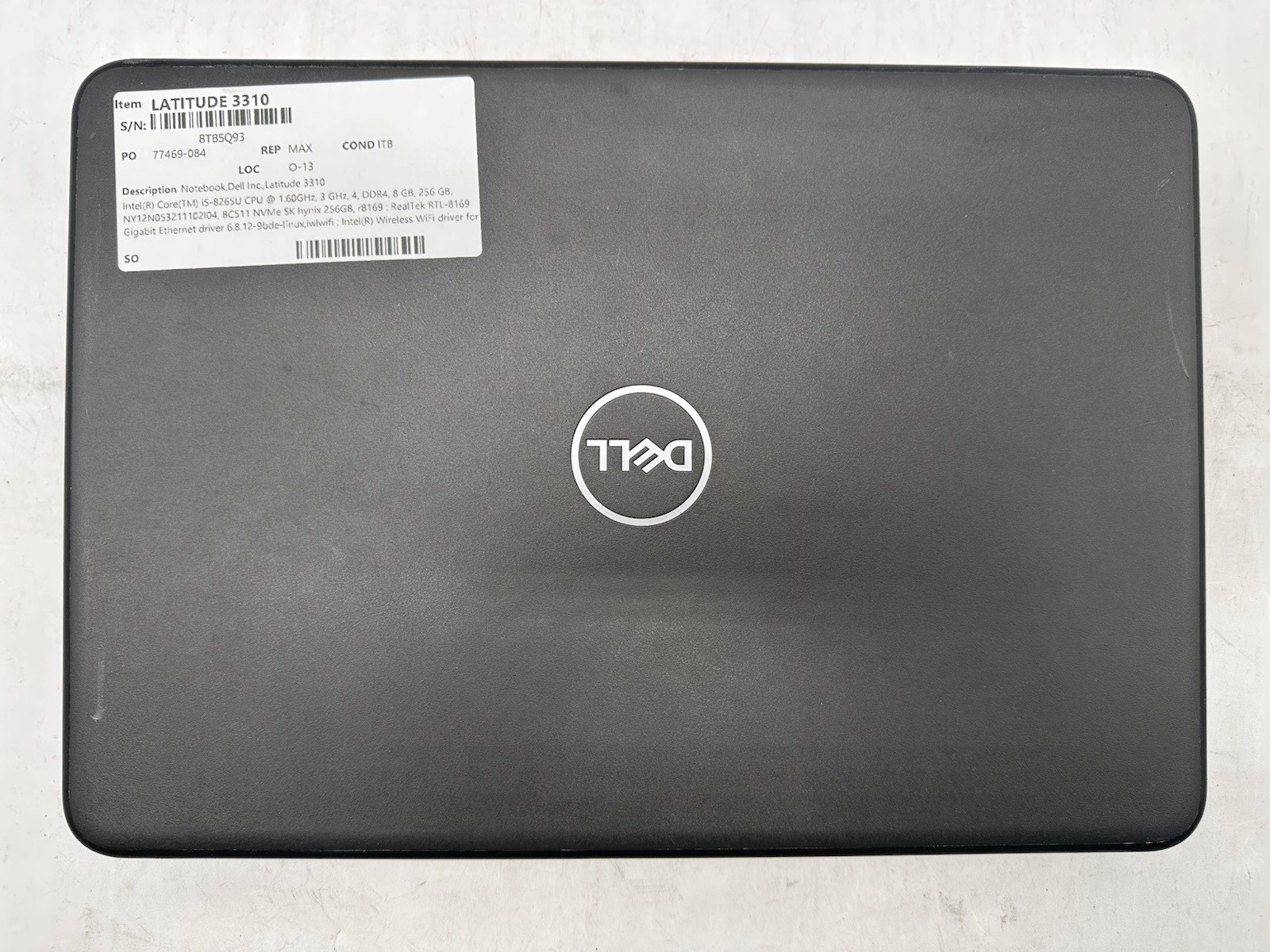 Dell Latitude 3310, i5-8265U CPU, @ 1.60GHz, 8GB RAM, 256GB NVMe-No OS/Adapter