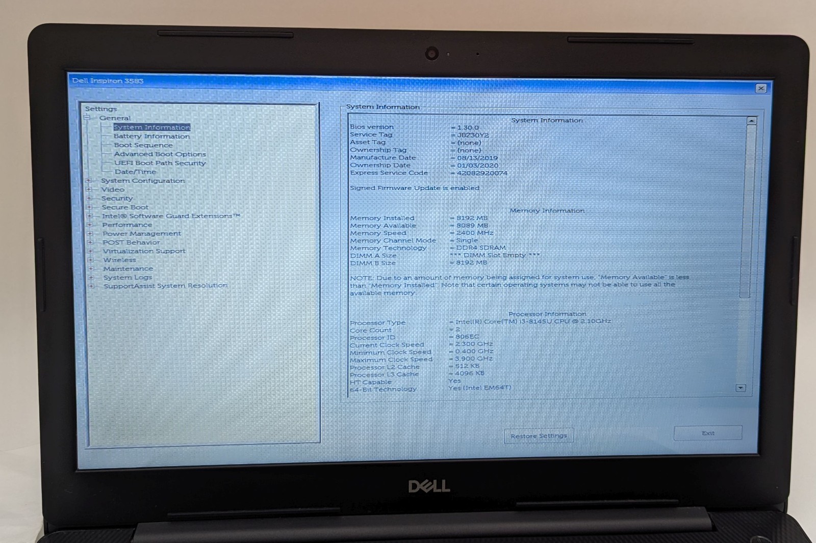 Incomplete Dell Inspiron 3583 15.6″ Touch Laptop Intel i3-8145U 2.10GHz 8GB RAM