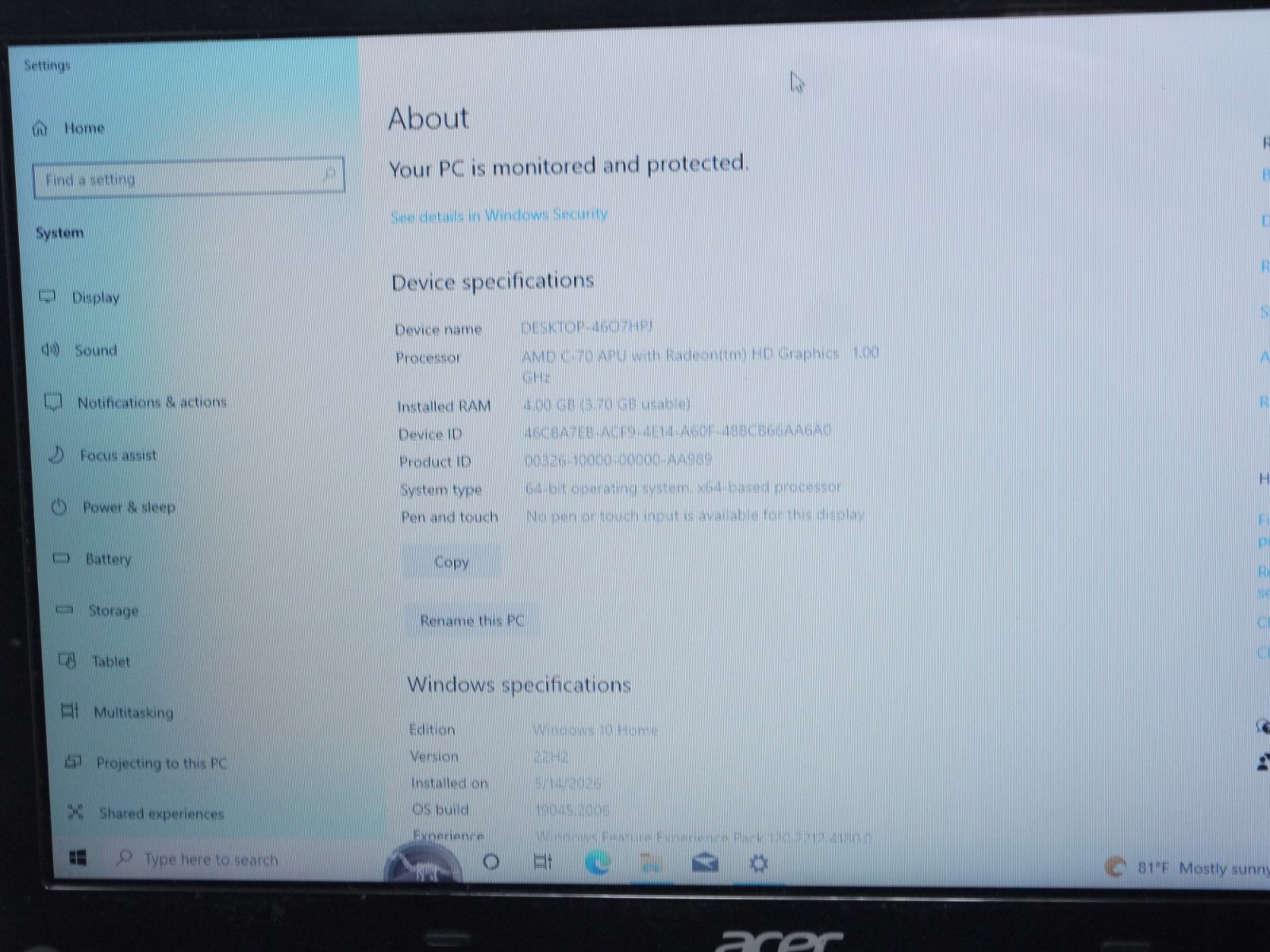 Acer Aspire 725-0494 11.6″ Netbook – C-70 / 4GB / 160GB / Win10 – New Battery
