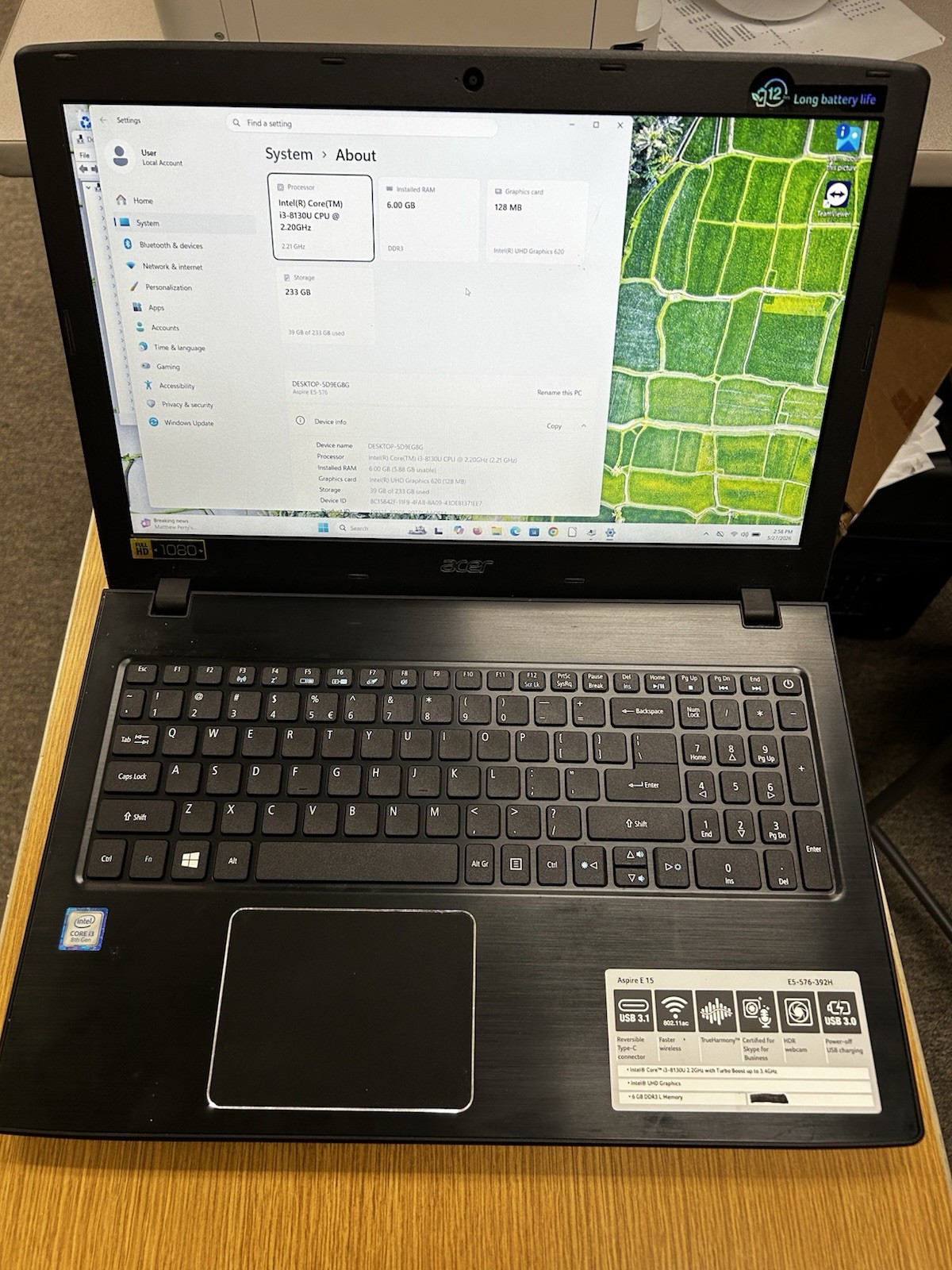Laptop Acer Aspire E 15 15.6″ i3-8130U 6GB 250 gb hdd, Win11 home Black, TESTED