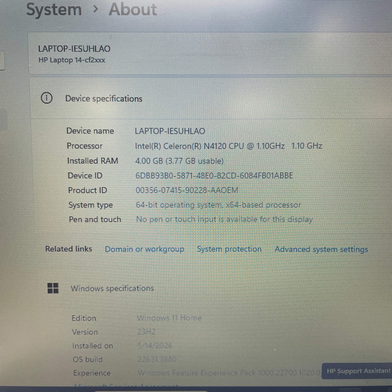 HP Laptop 14-cf2111wm Celeron N4120 1.1GHz 8GB RAM 64GB SD