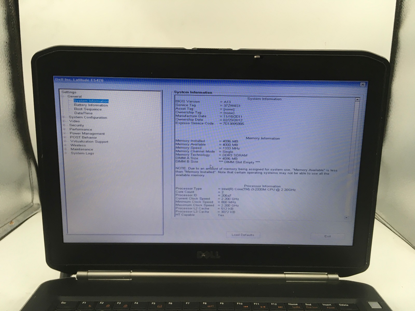 DELL LATITUDE E5420 – BOOTS TO BIOS – INTEL I3 2330M – NO RAM – READ DESC – BB