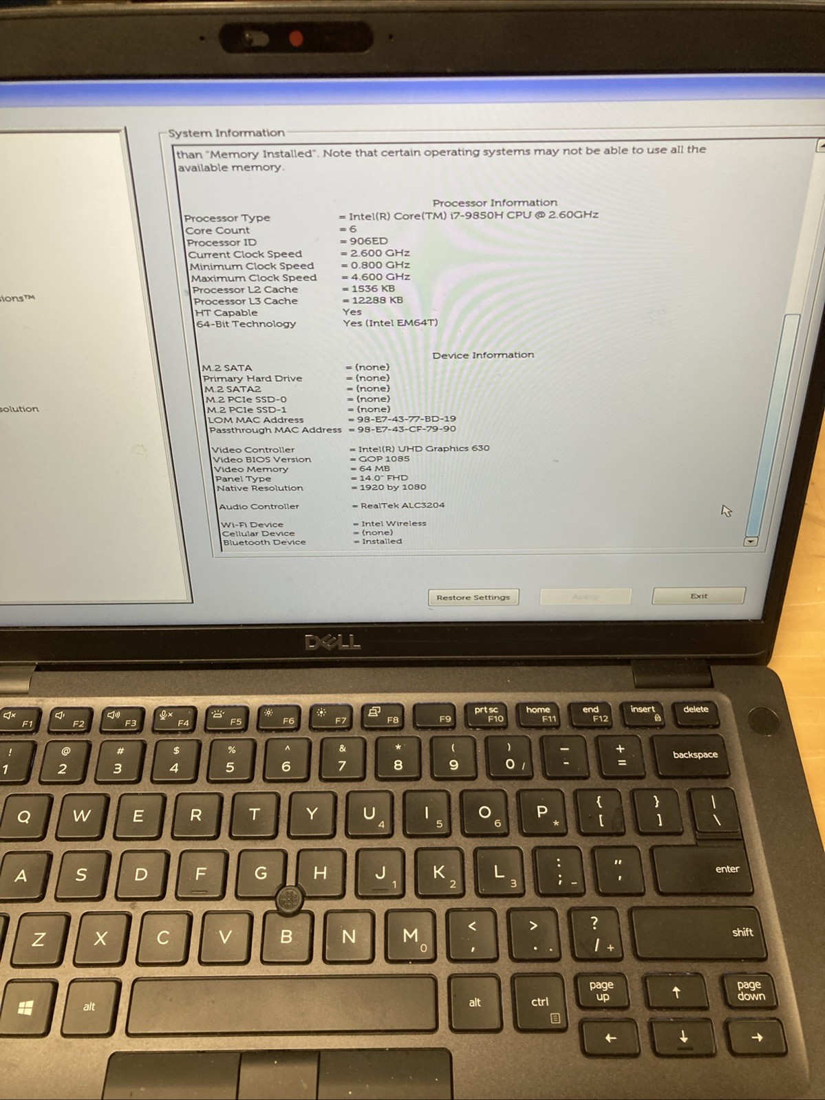 Dell Latitude 5401 14″ i7-9850H 8GB RAM No SSD No OS #2006