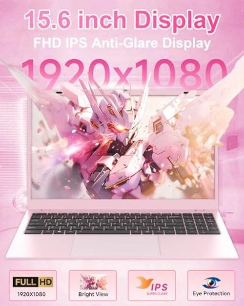 Pink Laptop Computer for Students, 15.6 Inch FHD IPS Display, 12GB RAM 256GB