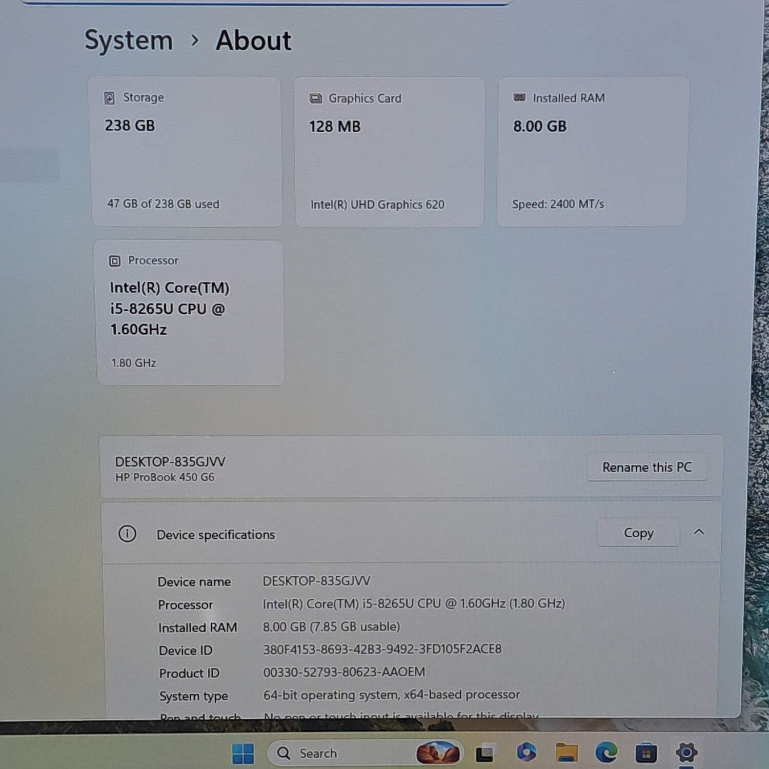 Broken HP ProBook 450 G6 15.6″ i5-8265U 1.6GHz 8GB RAM 256GB SSD LCD Bright Spot