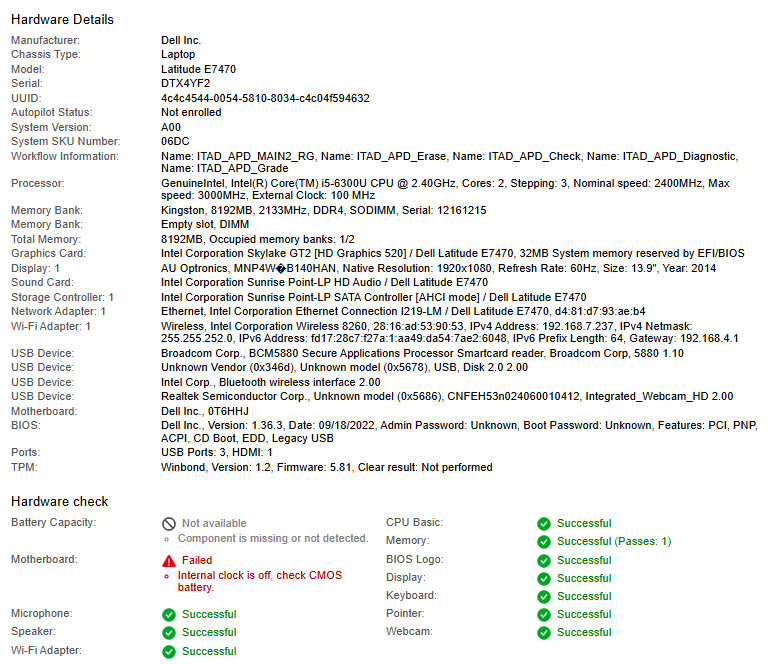 Dell Latitude E7470, i5-6300U CPU @ 2.40GHz, 8GB RAM-No Batt/HDD/OS, w/Charger