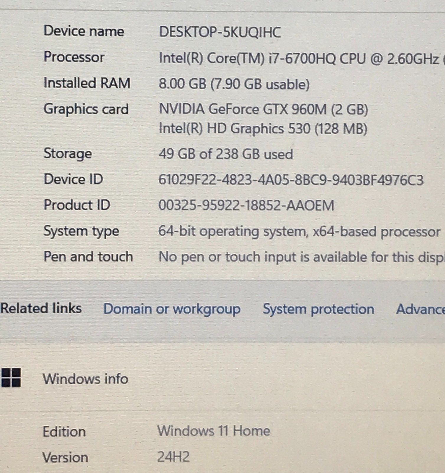 ASUS ROG ZX50V i7-6700HQ@2.60GHz 8GB RAM 256GB SSD W11H GEFORCE GTX 960M BACKLIT