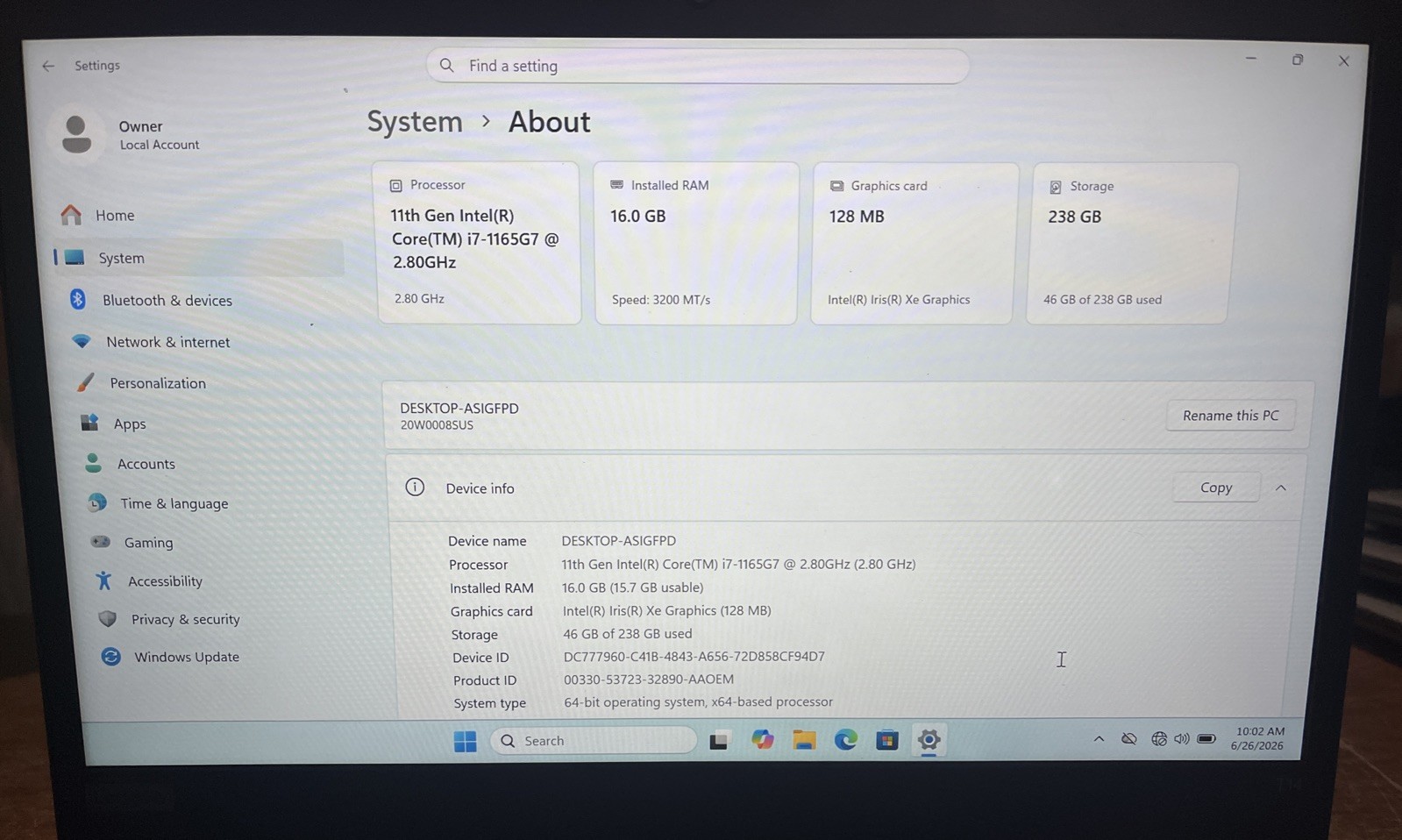 Lenovo ThinkPad T14 Gen 2 i7-1165G7@2.80GHz, 16GB RAM, 256GB M2, W11P