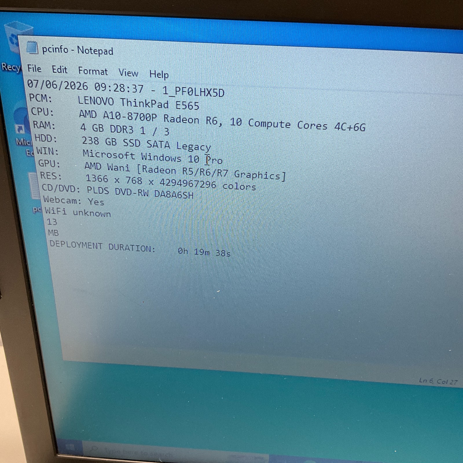 LENOVO ThinkPad E565 20EY000CUS Laptop A10-8700P RADEON R6 4GB 256GB SSD Win 10