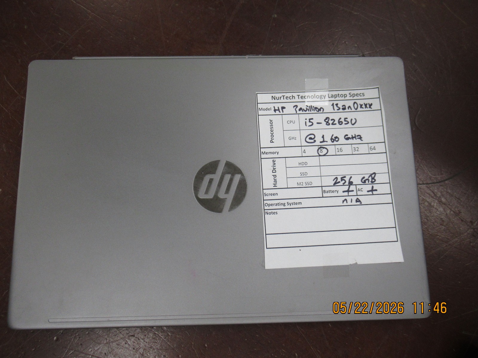 HP Pavilion 13an0xxx 13.3″ i5 8265U 1.60GHZ 8GB 256GB M2SSD Laptop w/AC NO OS##