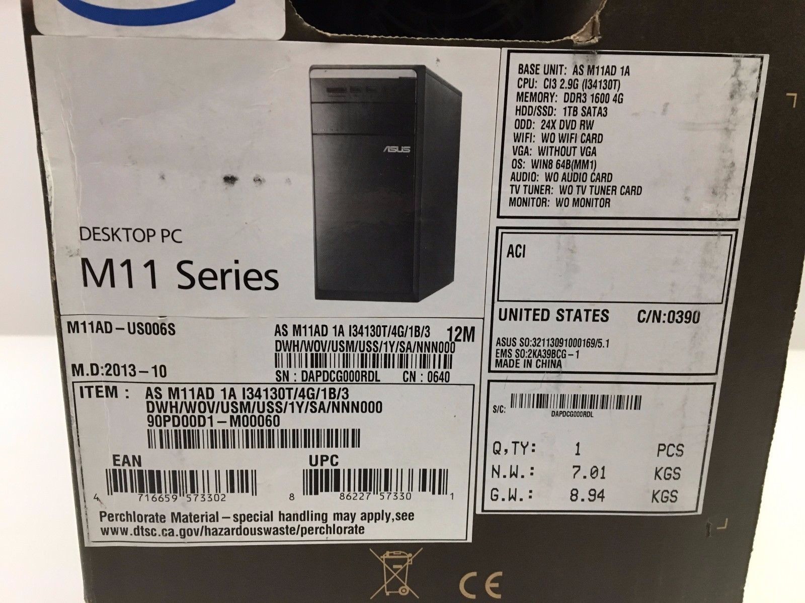 Asus M11AD Series i3 4130T 2.9GHz 4GB Ram Win 8 1TB HD