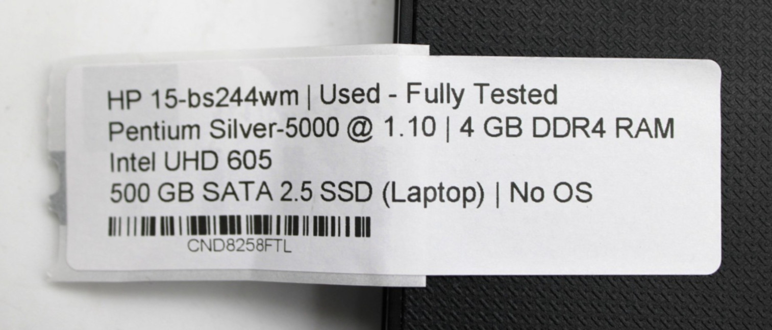 HP 15-bs244wm Pentium Silver-5000@1.1GHz 4GB DDR4 500GB SATA NO OS*USED/TESTED*