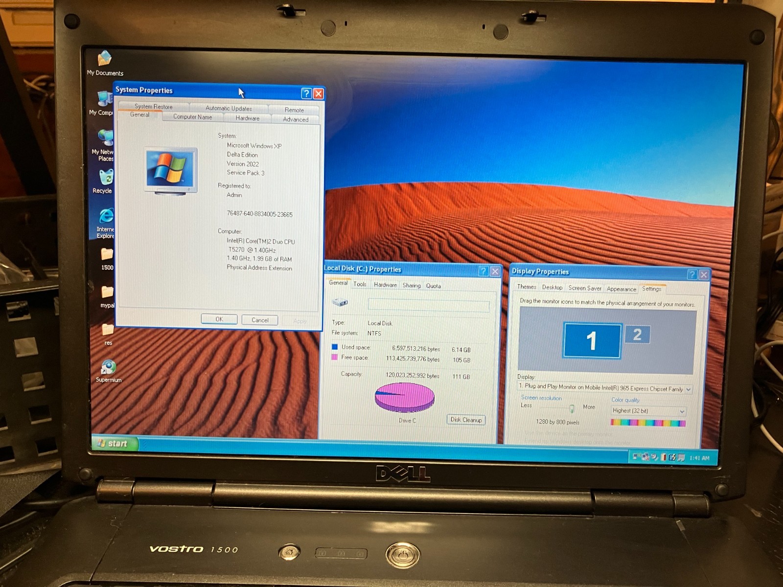 Dell Vostro 1500 Vintage Laptop 15″ C2D 1.4GHz 2GB RAM 120GB SSD Win XP HD FAIR