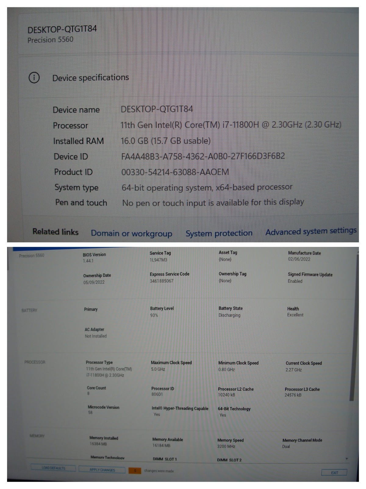 Dell Precision 5560 15.6″FHD+ core i7-11850H 2.3Gh 16Gb 512GB T1200 4GB +Charger