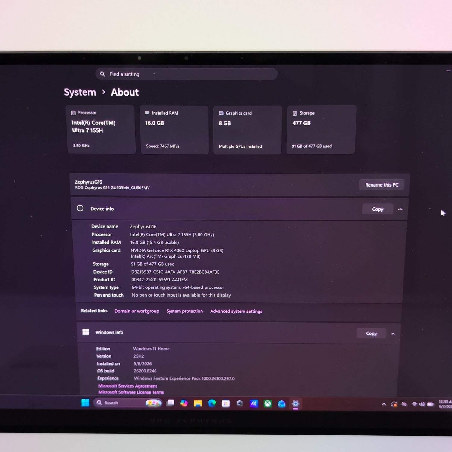 Asus ROG Zephyrus G16 16″Core Ultra 7 3.8GHz 16GB RAM 512GB SSD GeForce RTX 4060