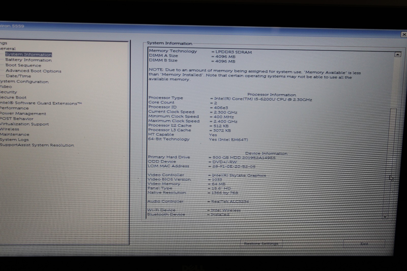 Dell Inspiron 5559 i5-6200U @ 2.3 GHz 8GB RAM 500GB No OS