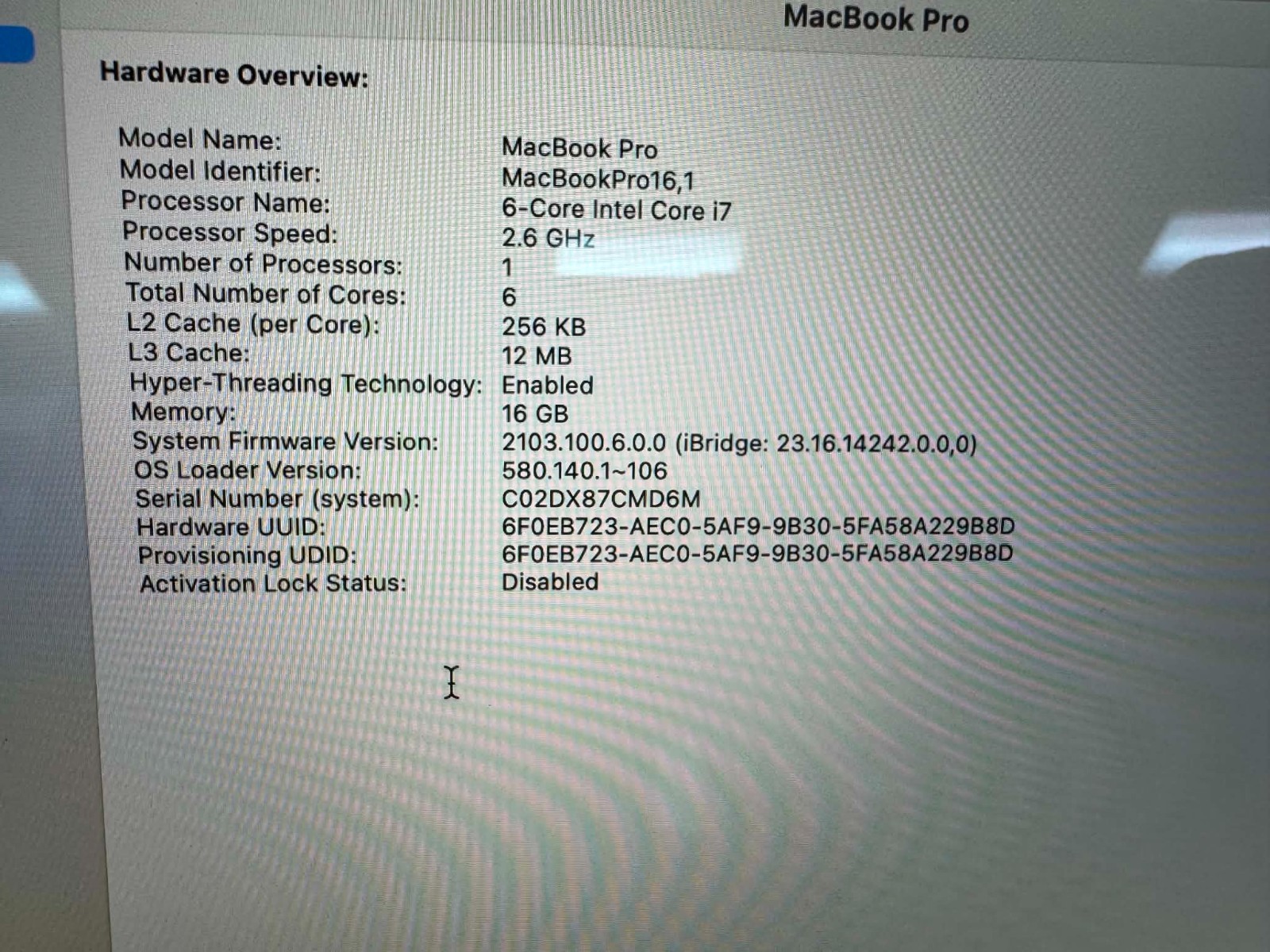 Apple A2141 16inch Intel i7-9750H 2.60GHz 16GB DDR4 500GB Intel UHD Graphics 630
