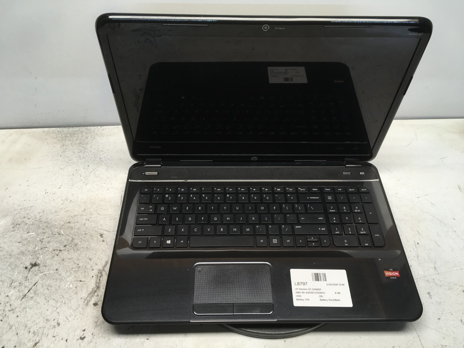 HP Pavilion G7-2246NR AMD A6-4400M 2700MHz 8 GB NO HDD No Batt