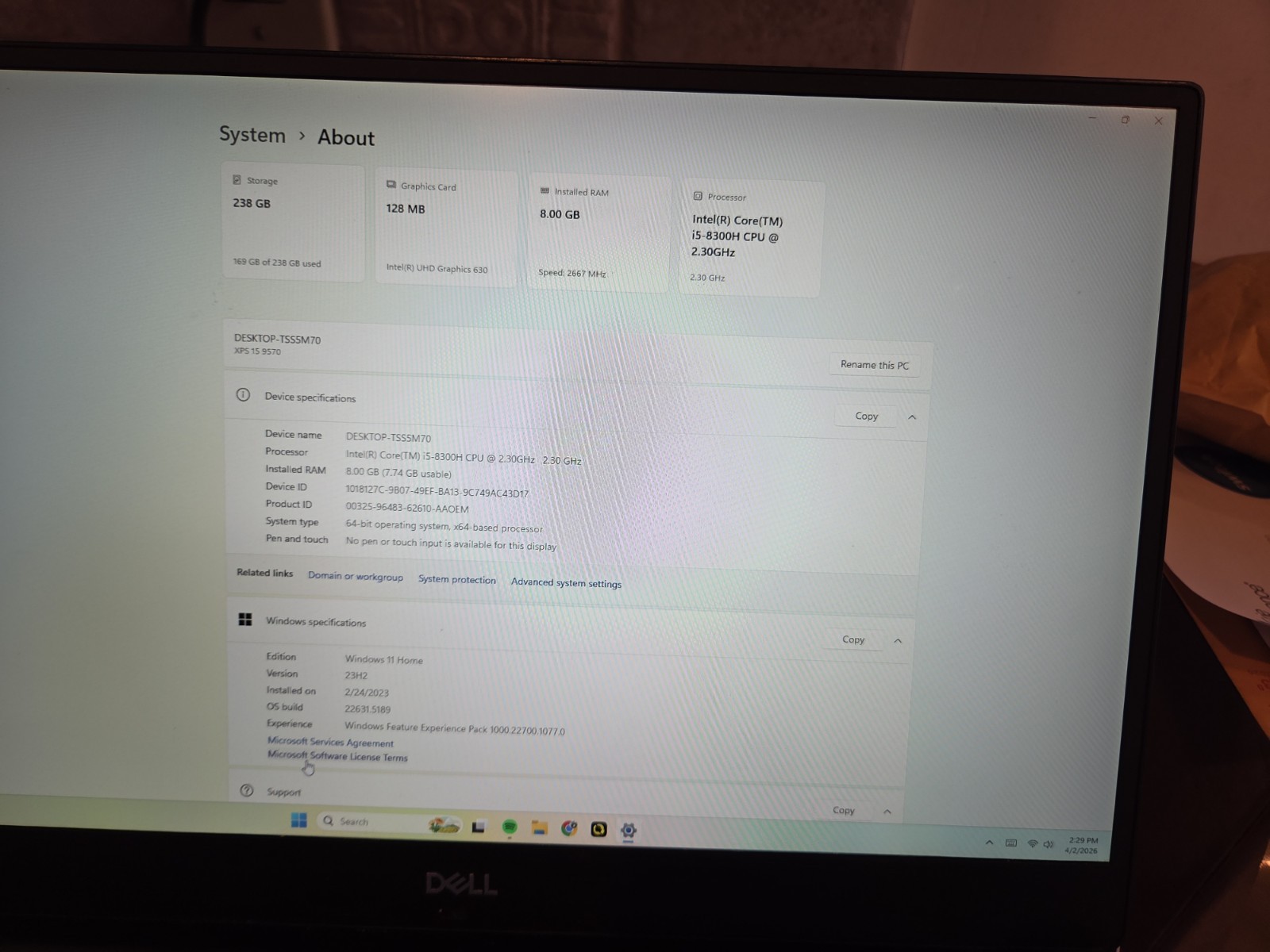 Dell XPS 15 9570 Intel Core i5-8300H 2.3GHz 8GB RAM 256GB NVMe