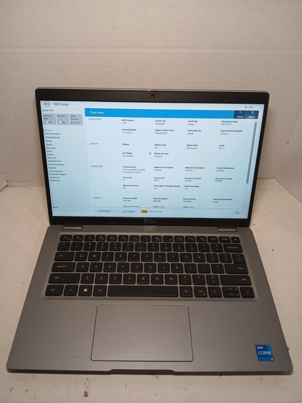 Dell Latitude 5420 14″ Laptop i5-1135G7 8GB No SSD/OS! BIOS PW!! #97