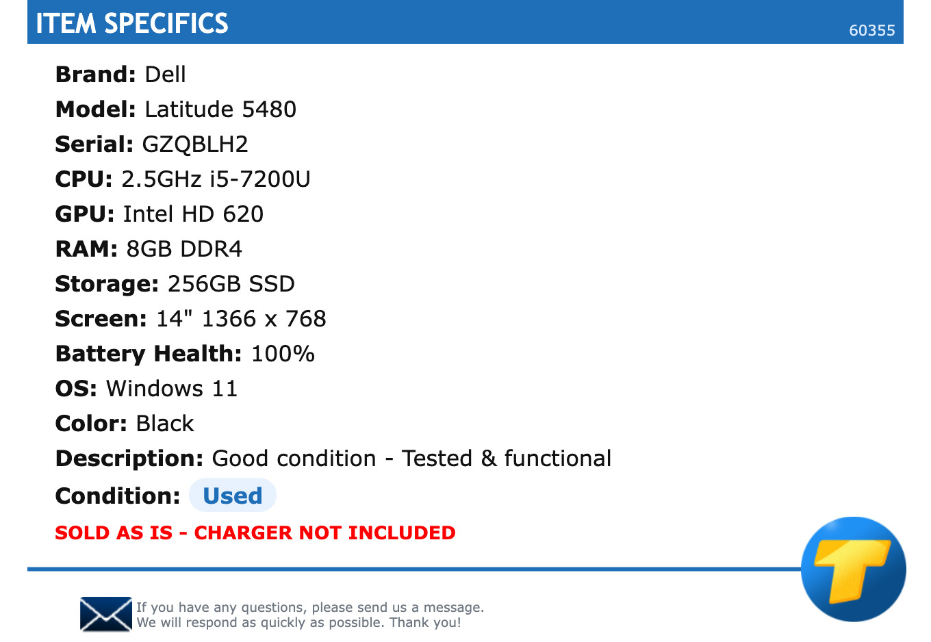 Dell Latitude 5480 – 14″ HD, 2.5GHz i5, 8GB RAM, 256GB SSD, Windows 11