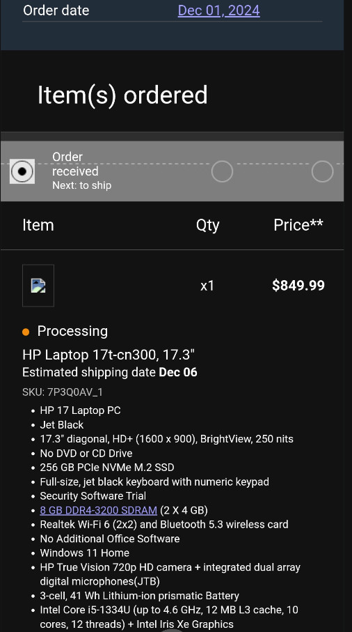 HP 17t-cn300 17.3″ Laptop i5-1334U 10-Core 8GB 256GB PCIe NVMe M.2 SSD HDMI W11H