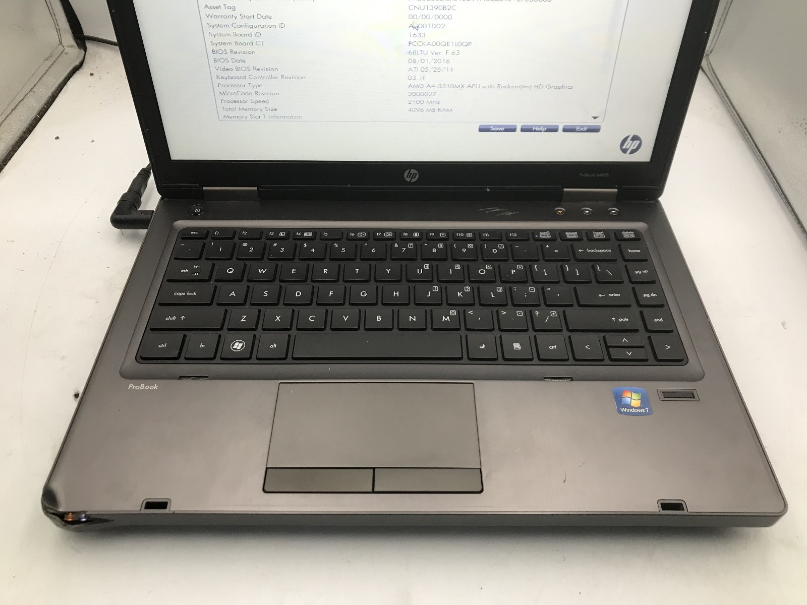 HP PROBOOK 6465B – BOOTS TO BIOS – AMD A4 3310MX – NO RAM – READ DESCRIPTION -BB