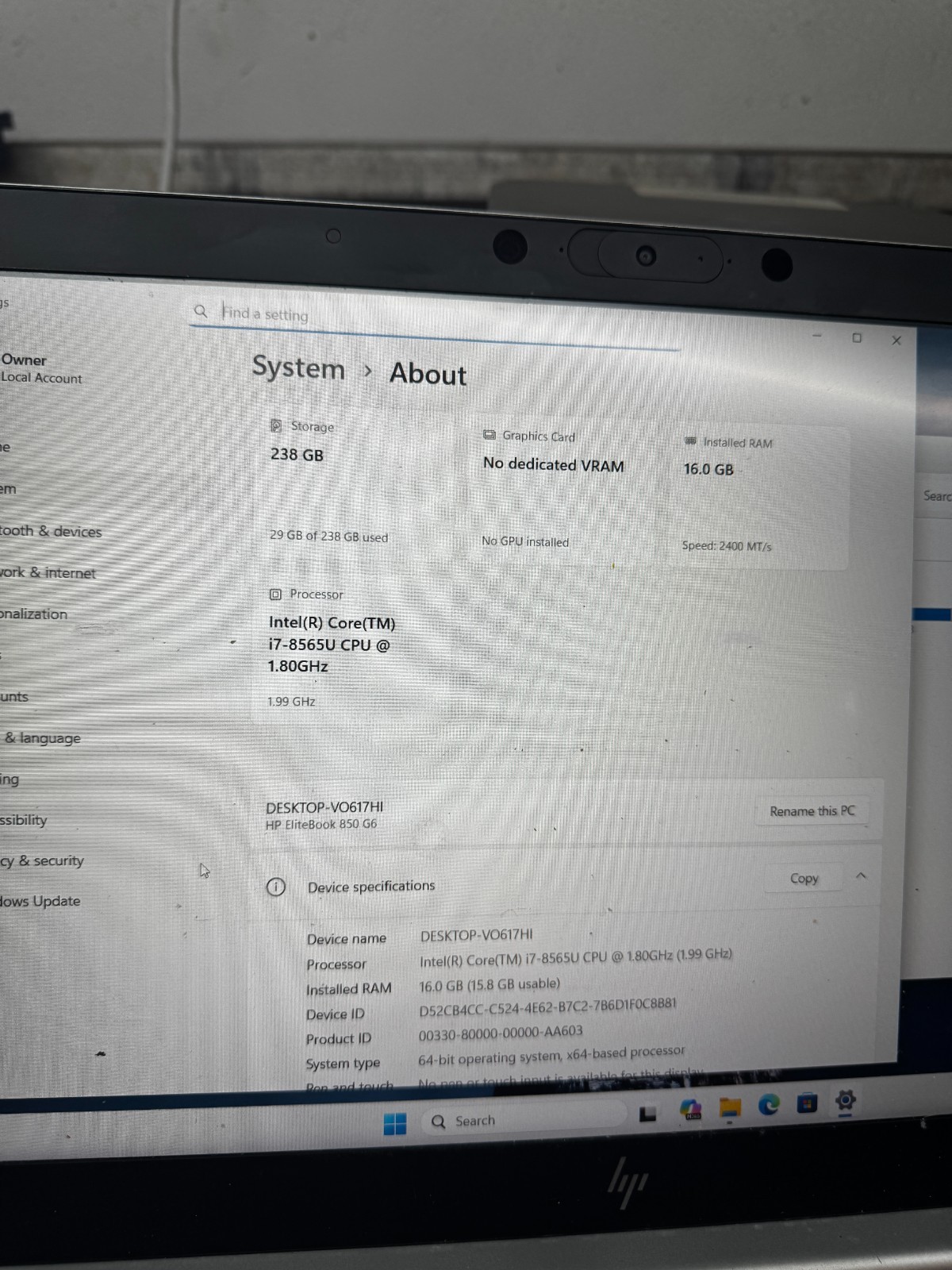 HP EliteBook 850 G6 Core I7-8565U 256GB SSD 16GB RAM Win11 Pro Laptop*READ #6126