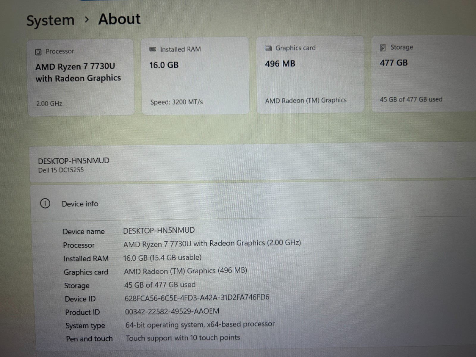 DELL 15 DC15255 G8MK9, AMD Ryzen 7 7730U, 2.00 GHz, 16 GB RAM, 512 GB NVMe SSD