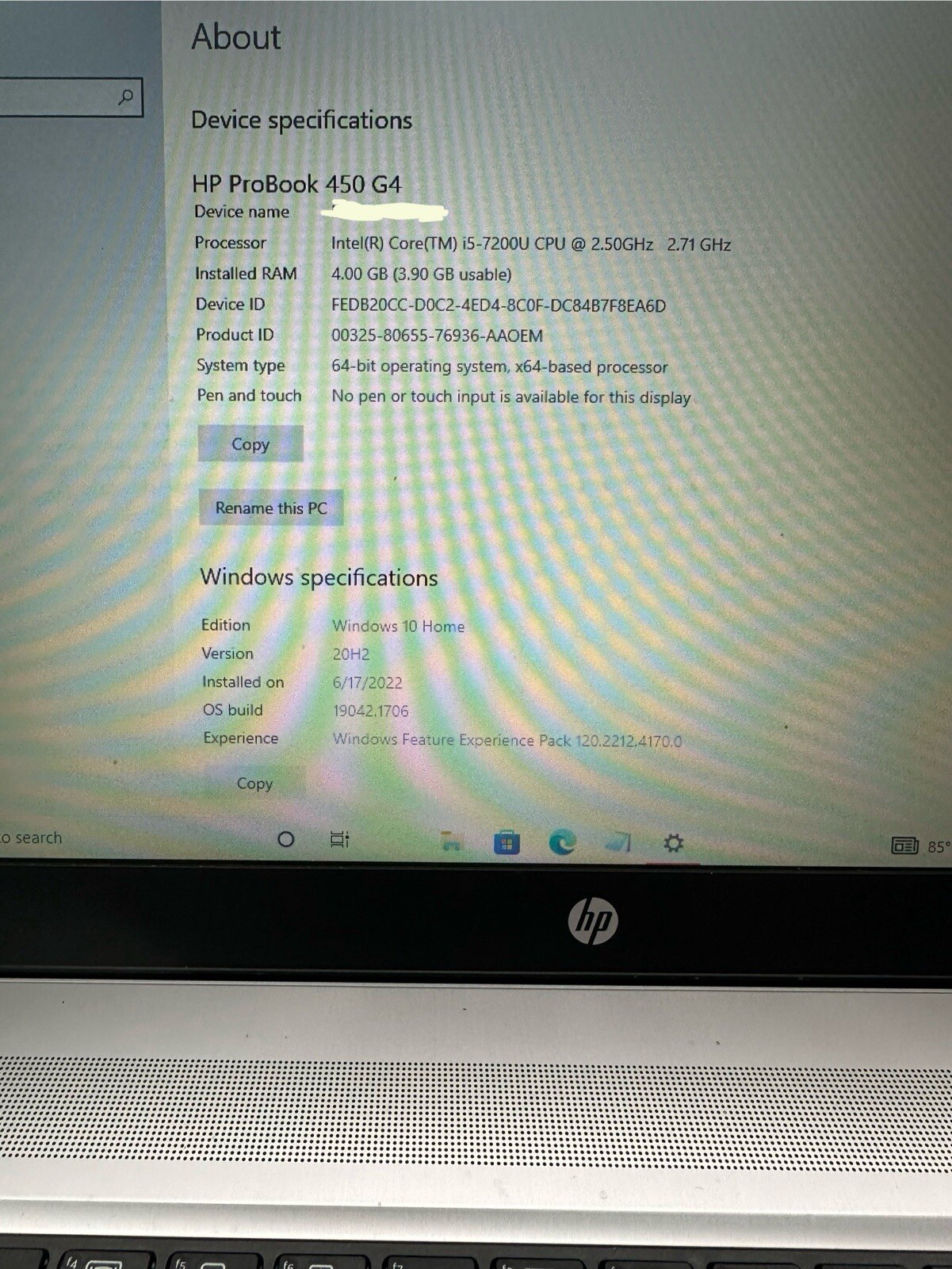 HP ProBook 450 G4 Core i5-7200U @ 2.50GHz 4.00GB RAM 256GB SSD Winsows 10Home
