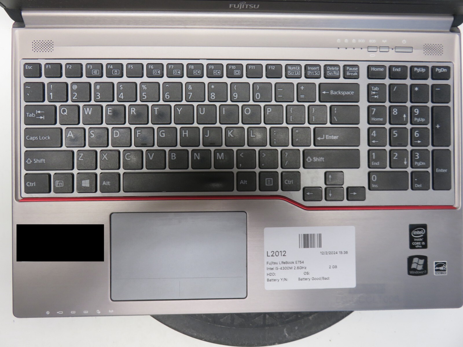 Fujitsu LifeBook E754 Intel i5-4300M 2.6GHz 2 GB NO HDD No Batt