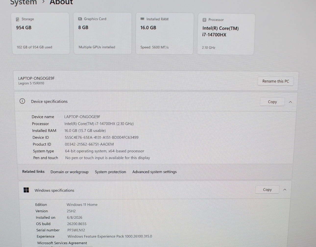 Lenovo Legion 5 15IRX10 15.1″ RTX 5070 i7-14700HX 16GB DDR5 Ram 1TB SSD Win11H