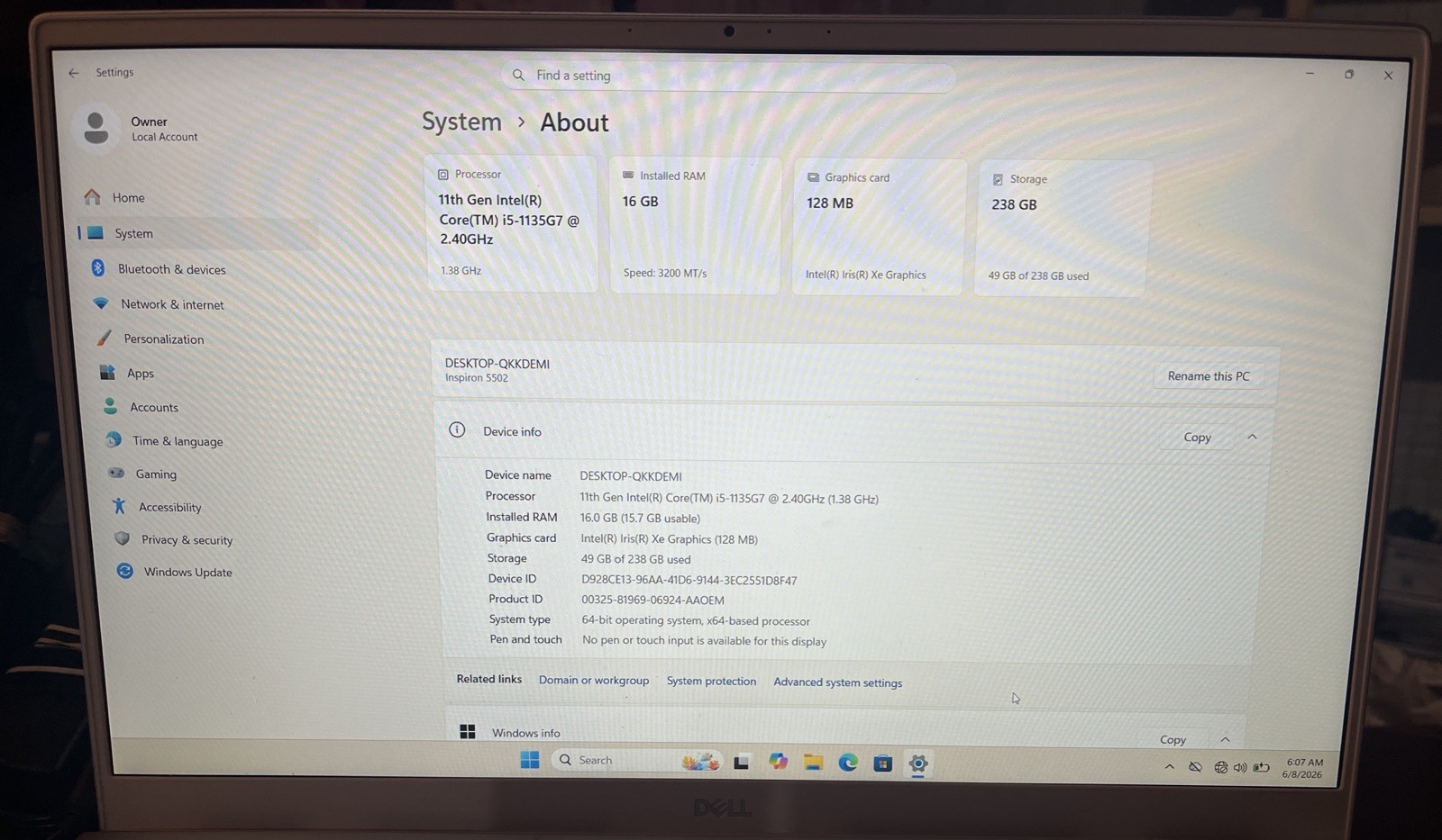 Dell Inspiron 5502 15.6″ i5-1135G7@2.40GHz, 16GB RAM, 256GB M2, W11H *READ