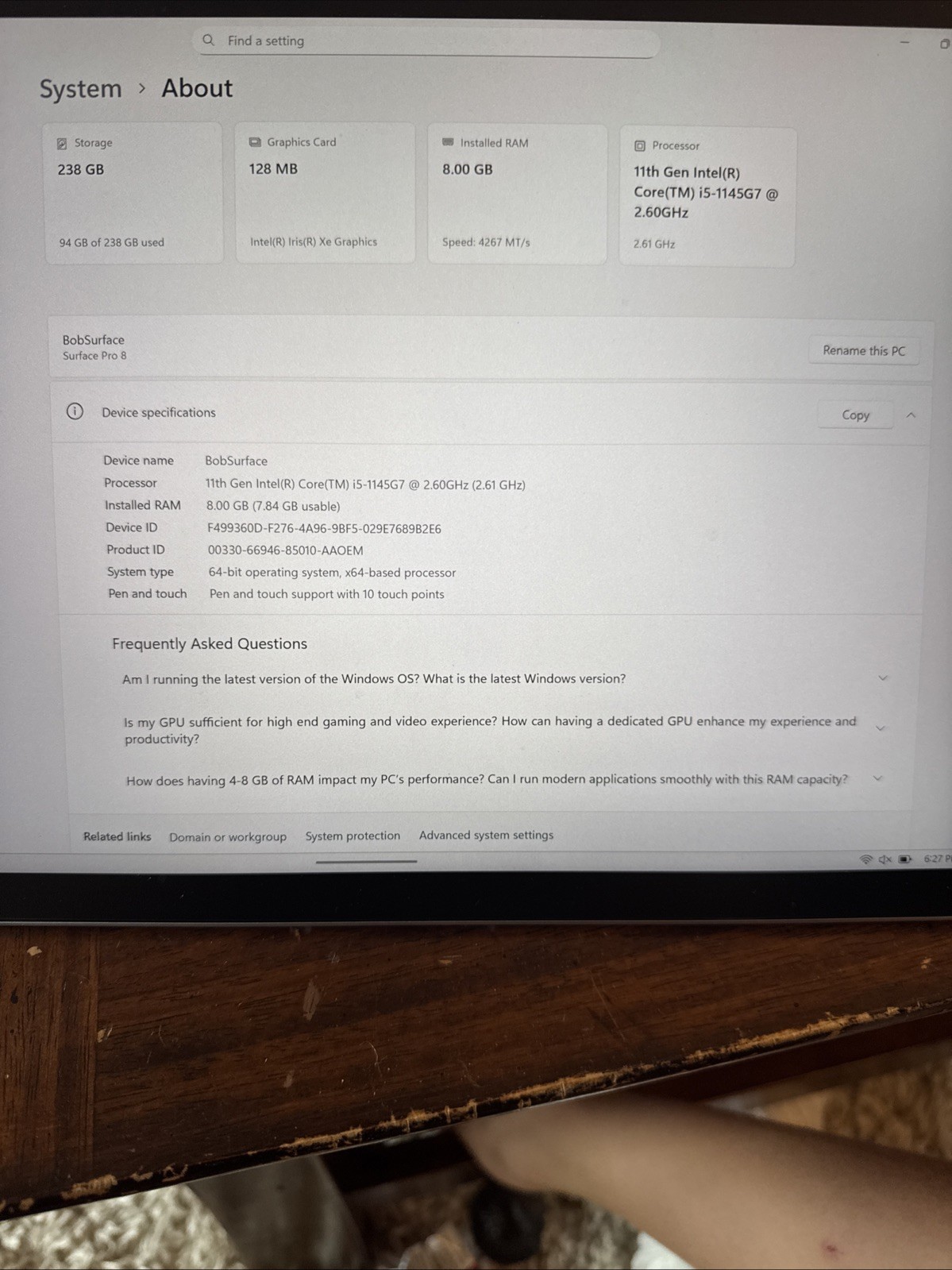 Microsoft Surface 8, Win 11 Pro, I5/128mb/8gb/2.60ghz