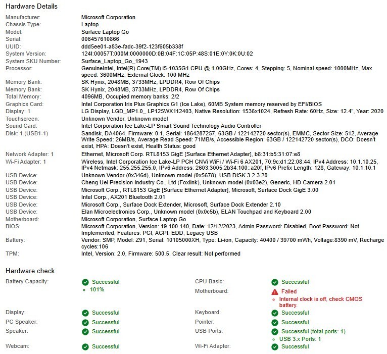 Microsoft Surface Laptop Go 12.4” (63GB eMM, Core i5-1035G1, 4GB RAM) No AC/OS