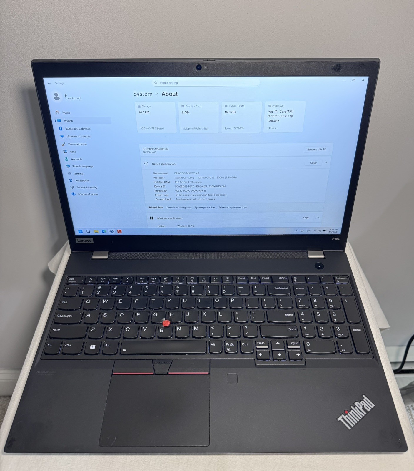 LENOVO ThinkPad P15s Gen 1 i7 | 16GB RAM | 512GB SSD | WIN11P | TOUCHSCREEN